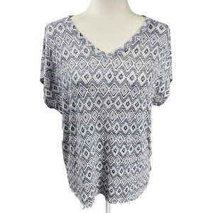NEW Orvis Women's S Short Sleeve Printed V-Neck Tunic Knit Top Blue Ikat Aztec‎